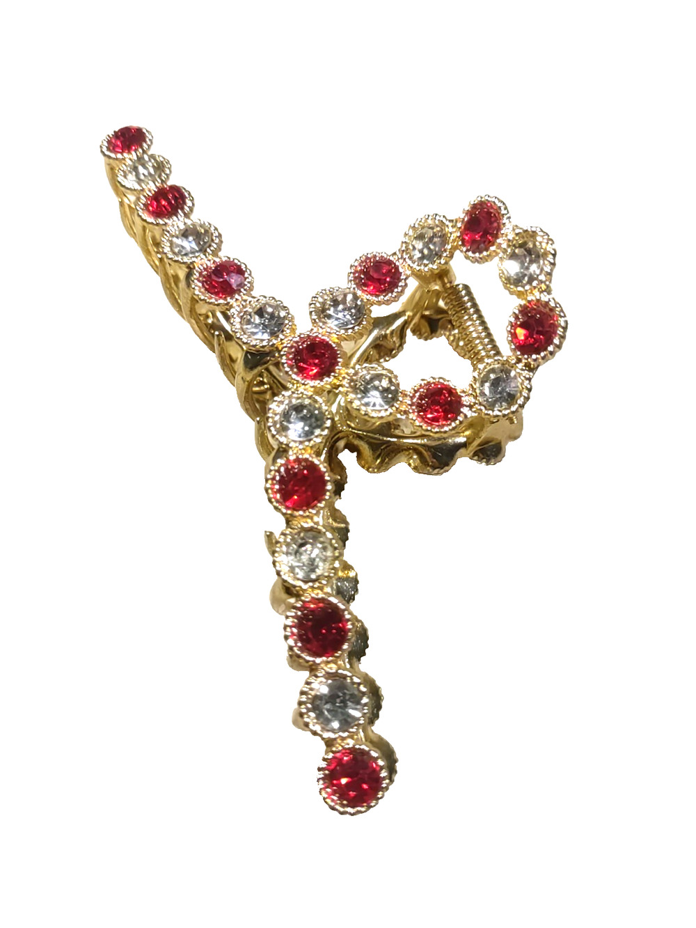 Gold Tone Metal Red Clear Rhinestone Hair Claw Barrette Large Elegant Prom Sport